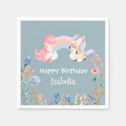 Schattigee Dinosaurus Eenhoorn regenboog Bloem ver Servet (Voorkant)