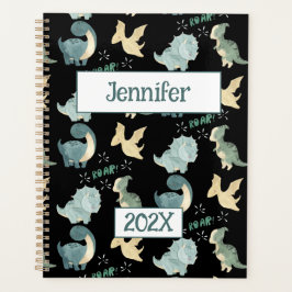 Schattigee dinosaurus gepersonaliseerd zwart 2024  planner