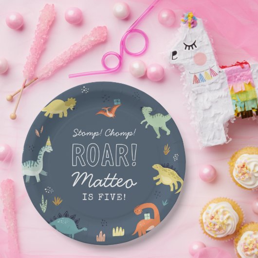 Schattigee Dinosaurus Gepersonaliseerde Verjaardag Papieren Bordje (Feest)