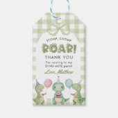 Schattigee dinosaurus Gingham 1e verjaardagsfeest Cadeaulabel (Voorkant)