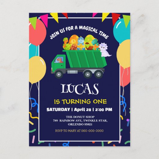 Schattigee Dinosaurus Groene vuilniswagen verjaard Uitnodiging Briefkaart (Voorkant)