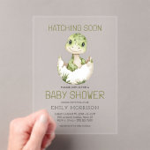 Schattigee Dinosaurus Hatching Soon Baby shower Acryl Uitnodigingen (Insitu (Draagbaar))