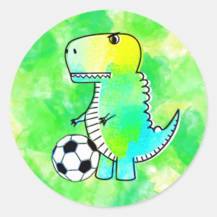 Schattigee dinosaurus houdt van voetbal Waterverf  Ronde Sticker