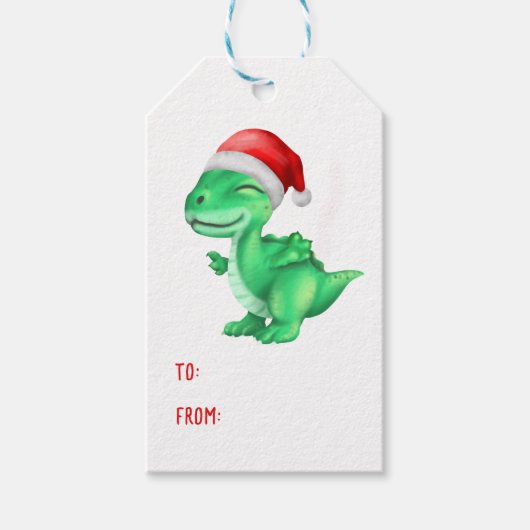 Schattigee Dinosaurus Santa Hoed Kinder Groene Ker Cadeaulabel (Voorkant)
