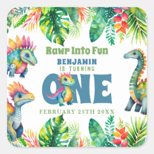 Schattigee Dinosaurus Thema 1e Verjaardags Jongen  Vierkante Sticker