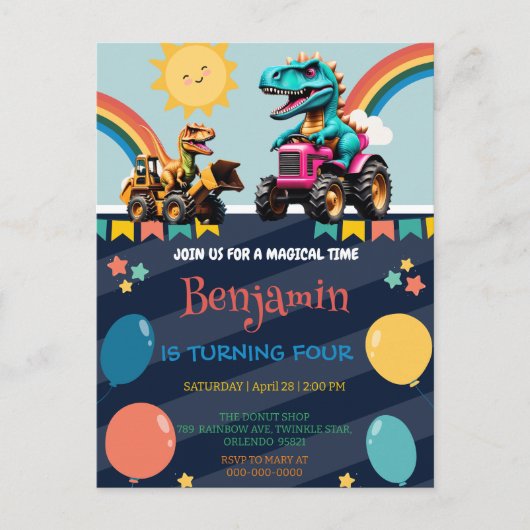 Schattigee dinosaurus tractor regenboogballon Verj Briefkaart (Voorkant)