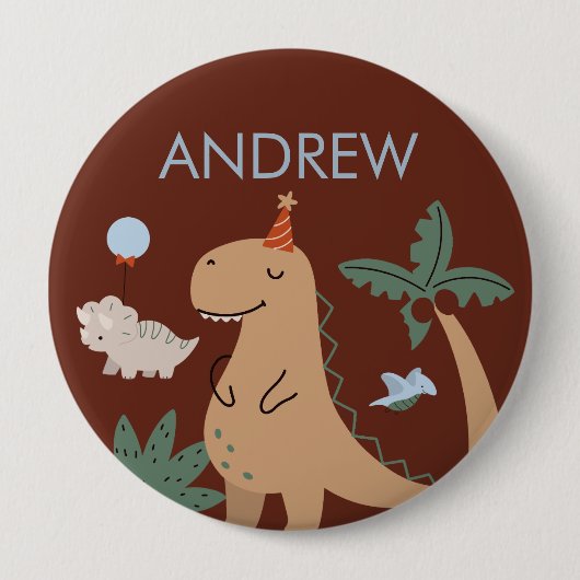 Schattigee Dinosaurus Verjaardagspartij Naam Butto Ronde Button 4,0 Cm (Voorkant)