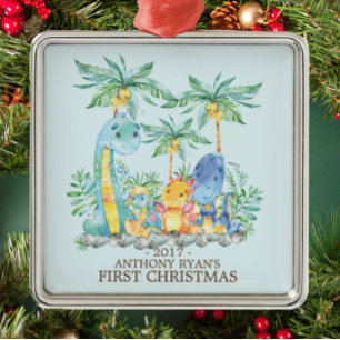 Schattigee Dinosaurussen Baby's Eerste Kerstmis Or Metalen Ornament