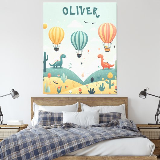Schattigee dinosaurussen en heteluchtballonnen canvas afdruk (Insitu (Slaapkamer))