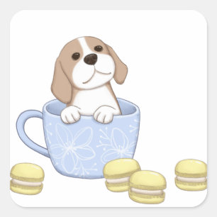 Schattigee Dog, Cup & Macarons Illustratie Vierkante Sticker