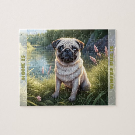 Schattigee Dog Pug Puppy Aangepaste naam Legpuzzel (Horizontaal)