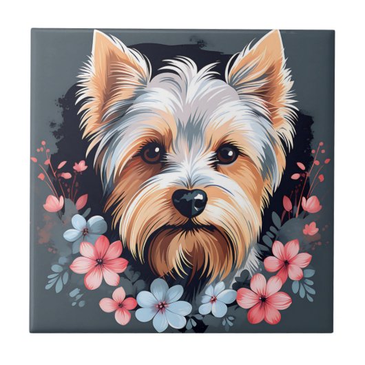 Schattigee Dog Yorkshire Terriër Bloemen Tegeltje (Voorkant)