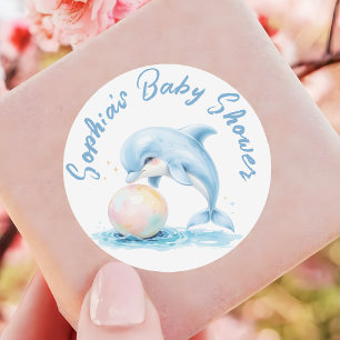 Schattigee Dolfijn Dusty Blue Baby shower Favoriet Ronde Sticker