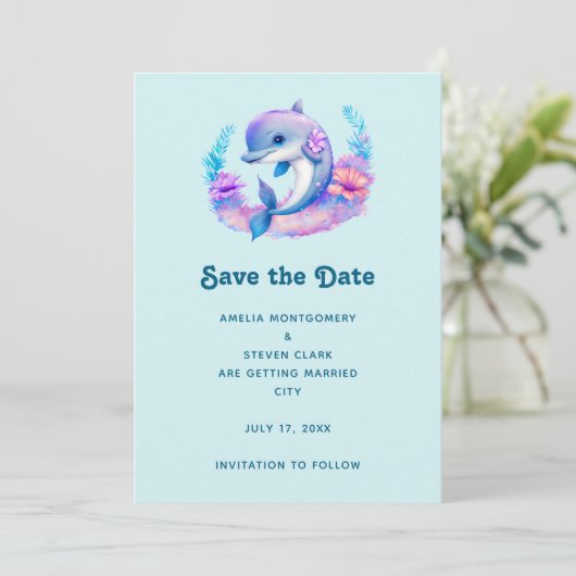 Schattigee Dolfijn Zee Creature Wedding Save The Date (Staand voorkant)