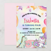 Schattigee Donuts Dino Eenhoorn Verjaardag Regenbo Kaart (Voorkant / Achterkant)