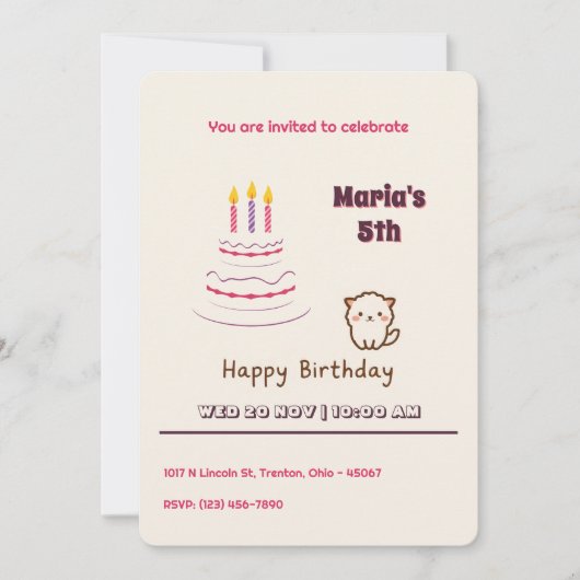 Schattigee donzige kat met verjaardagstaart kaart (Voorkant)