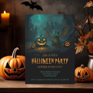 Schattigee draak met enge pompoenen Halloween Part Kaart