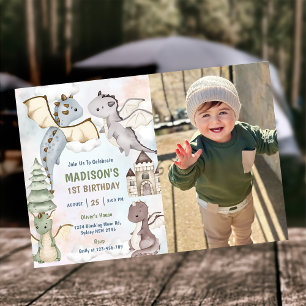 Schattigee Dragon Boy 1st Birthday Party Foto Kaart