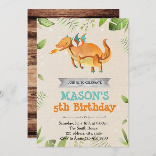 Schattigee Dragon verjaardagsfeestje uitnodiging (Voorkant / Achterkant)