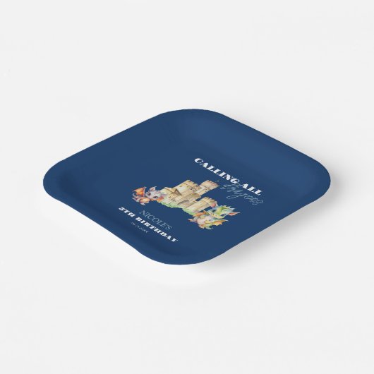 Schattigee Dragons Castle Fairytale Navy Kids Verj Papieren Bordje (Gebogen)