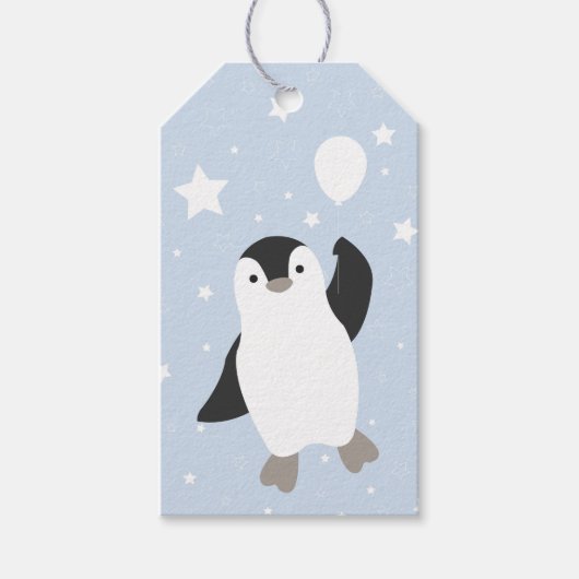 Schattigee Drijvende Pinguïn en Ballon in Sneeuw Cadeaulabel (Voorkant)