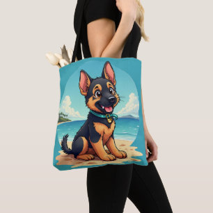 Schattigee Duitse Herder Puppy Strandillustratie Draagtas