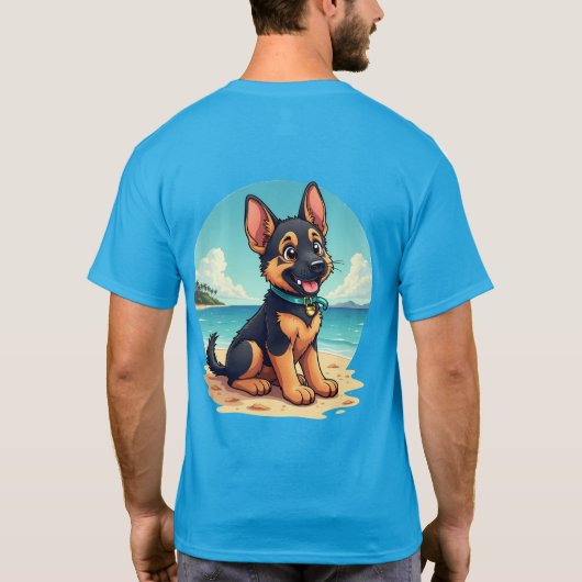 Schattigee Duitse Herder Puppy Strandillustratie T-shirt (Achterkant)