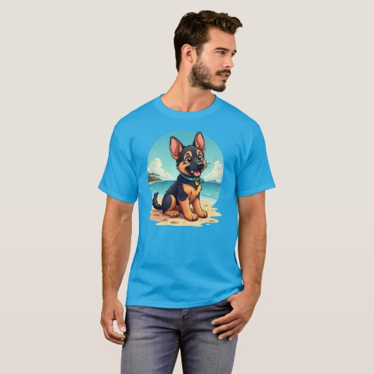 Schattigee Duitse Herder Puppy Strandillustratie T-shirt (Voorkant volledig)