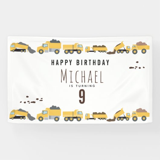 Schattigee Dump Trucks Bouwwagens Verjaardag Spandoek (Horizontaal)