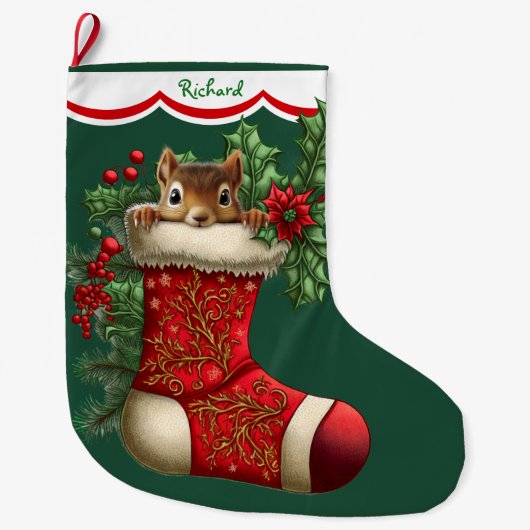 Schattigee eekhoorn gluren grote kerstsok (Voorkant)