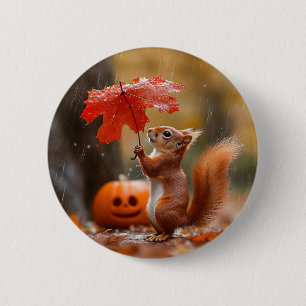 Schattigee Eekhoorn met een Bladparaplu - Herfstre Ronde Button 5,7 Cm