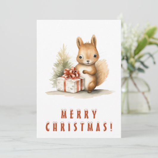 Schattigee eekhoorn met kerstcadeau Vrolijk kerstf Feestdagenkaart (Staand voorkant)