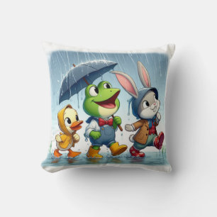 Schattigee eend, kikker, konijn in de regen kussen