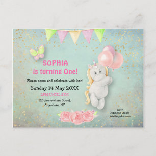 Schattigee eenhoorn / ballonnen eerste verjaardag briefkaart