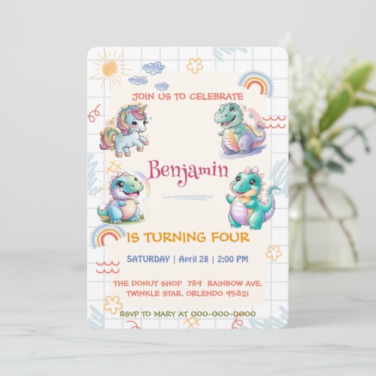 Schattigee eenhoorn Dinosaurus regenboog vrienden Kaart (Staand voorkant)