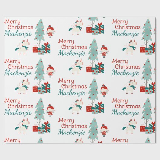 Schattigee Eenhoorn en Fairy Custom Name Merry Chr Cadeaupapier (Vlak)