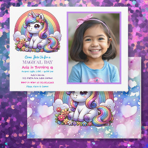 Schattigee eenhoorn en regenboog kind foto verjaar kaart