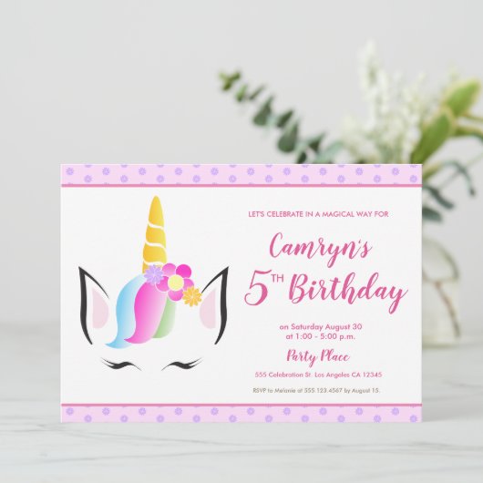 Schattigee Eenhoorn Meisje's 5e Verjaardag Party f Kaart (Staand voorkant)