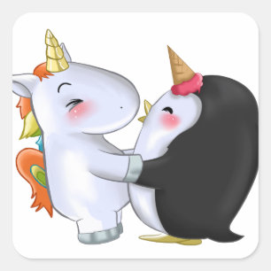 Schattigee Eenhoorn Pinguïn Ice Creame Horn knuffe Vierkante Sticker