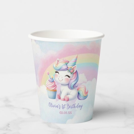 Schattigee Eenhoorn Regenboog Verjaardagsfeest Pap Papieren Bekers (Voorkant)