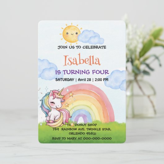 Schattigee eenhoorn regenboog zon hemel Verjaardag Kaart (Staand voorkant)