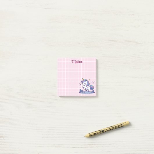Schattigee Eenhoorn Roze en Wit Raster Post-it® Notes (Op bureau)