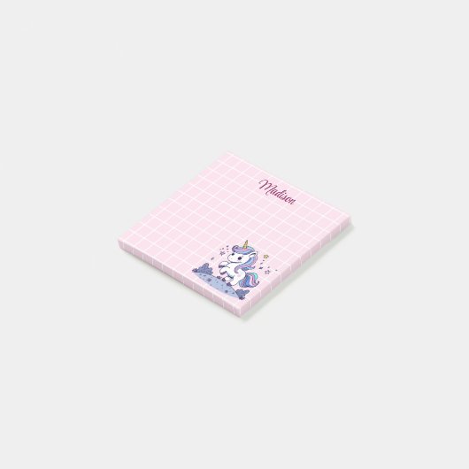 Schattigee Eenhoorn Roze en Wit Raster Post-it® Notes (Schuin)