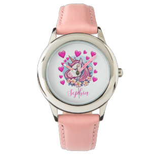 Schattigee eenhoorn, roze harten & bloemen, aangep horloge