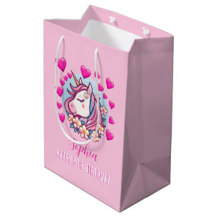 Schattigee Eenhoorn, Roze Harten & Bloemen, Naam V Medium Cadeauzakje