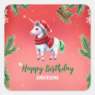 Schattigee eenhoorn Santa Christmas verjaardagssne Vierkante Sticker