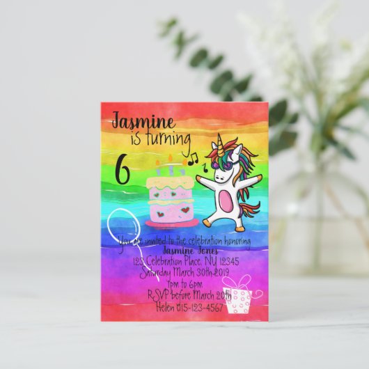 Schattigee eenhoorn Waterverf regenboog verjaardag Uitnodiging Briefkaart (Staand voorkant)