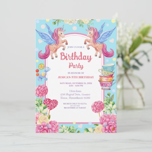 Schattigee Eenhoorns Bloemen Waterverf Verjaardag Kaart (Staand voorkant)