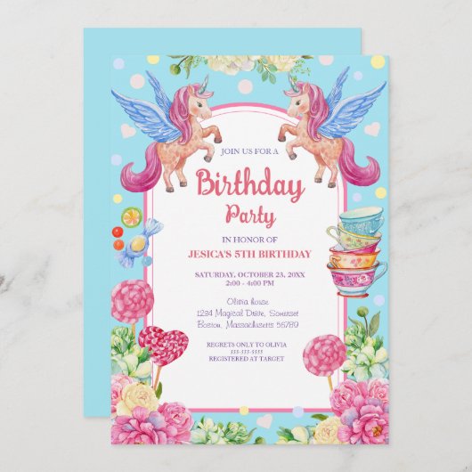 Schattigee Eenhoorns Bloemen Waterverf Verjaardag Kaart (Voorkant / Achterkant)