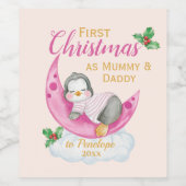 Schattigee eerste kerst als mama & papa roze pingu wijn etiket (Enkel label)